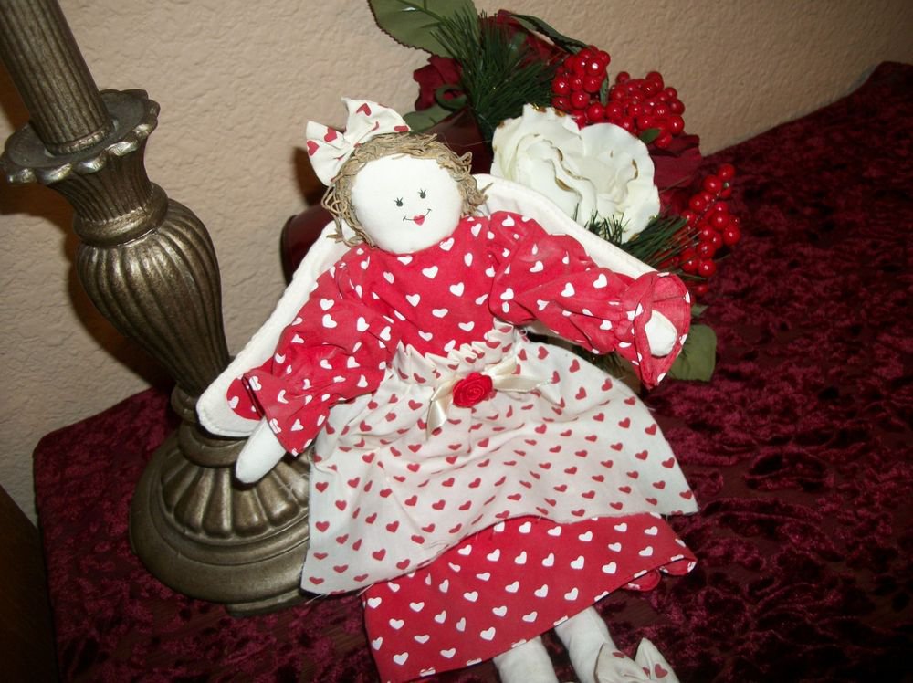 Angel Doll Red & White Hearts Folk Art Wall Hang or Shelf Sitter Country Decor