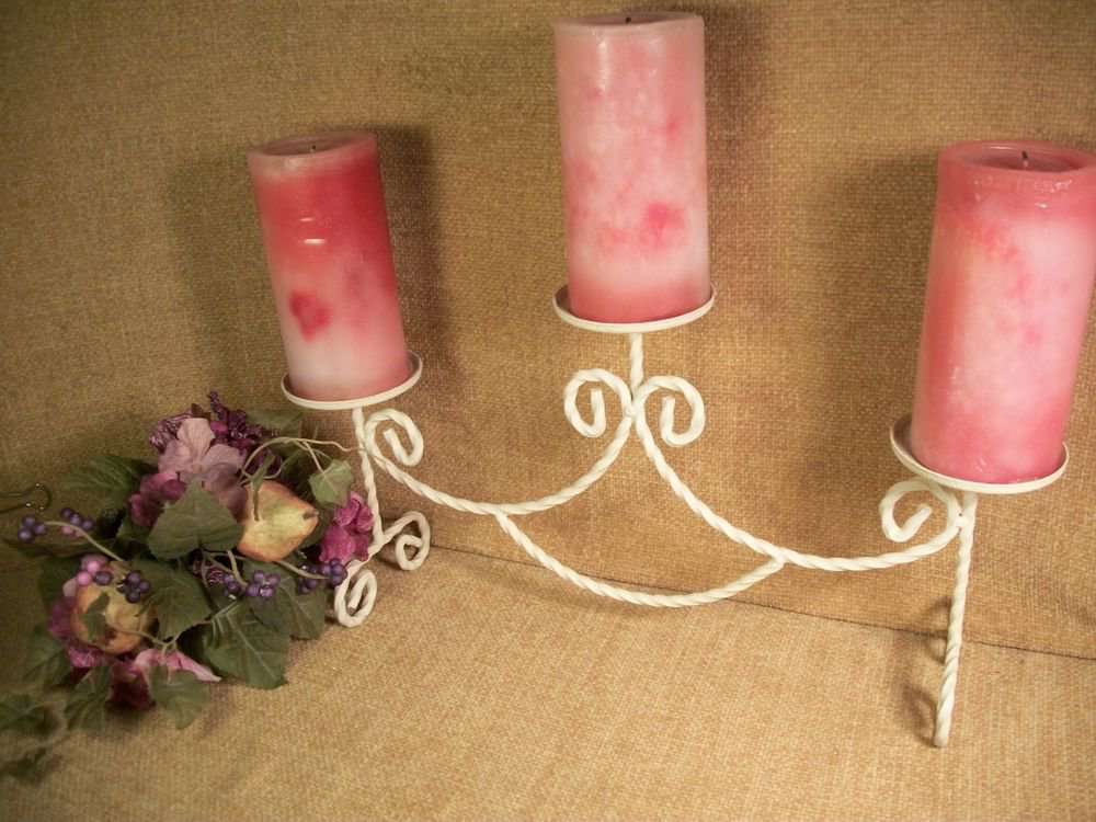 Wrought Iron Candelabra Three Pillar Candle Tiered Stand Cottage Chic White