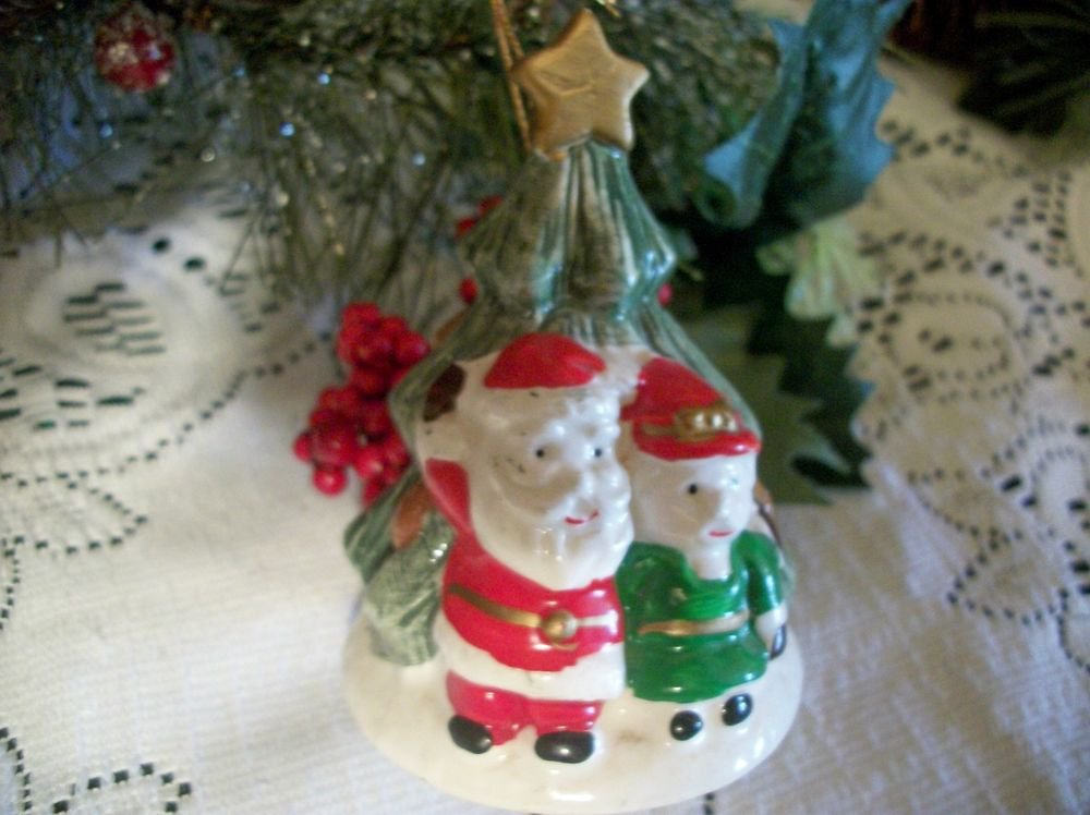 Ceramic Christmas Tree Bell Ornament Hand Painted Santa and Mrs Claus Home Decor