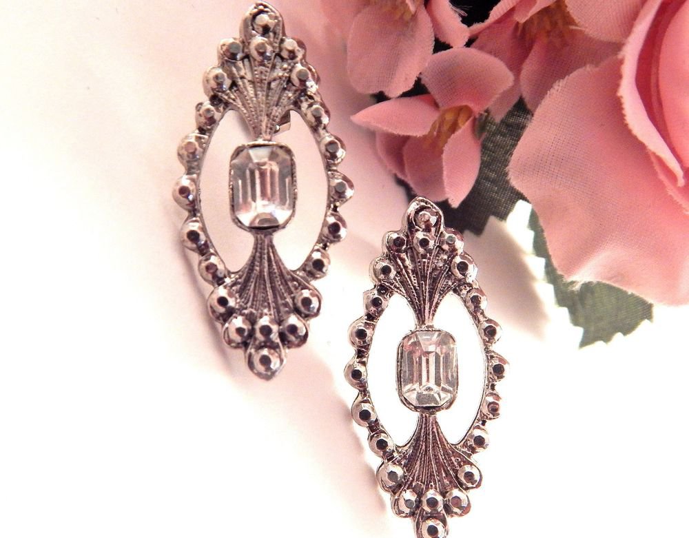 Rhinestone Earrings Marcasite Style Studded Silver Pressed Metal Elegant Art Dec