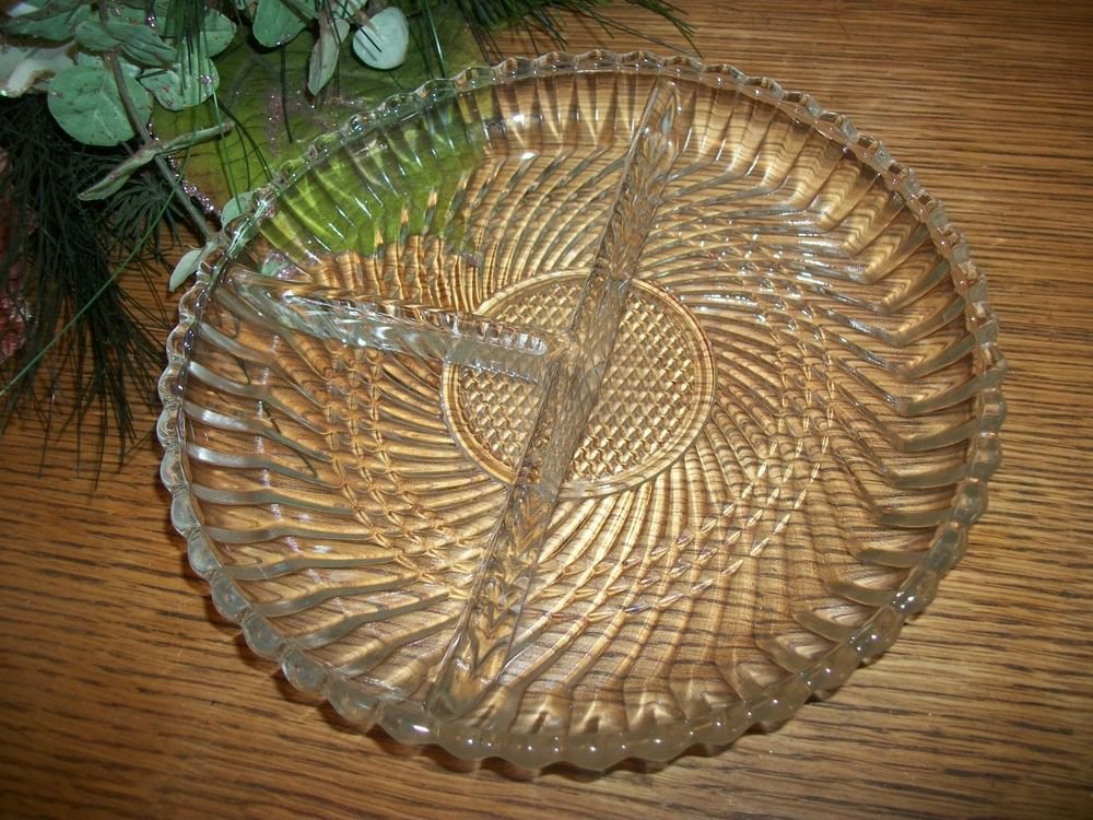 Serving Dish Pressed Glass 3 Section Divided Dish VTG Art Deco Tray Platter