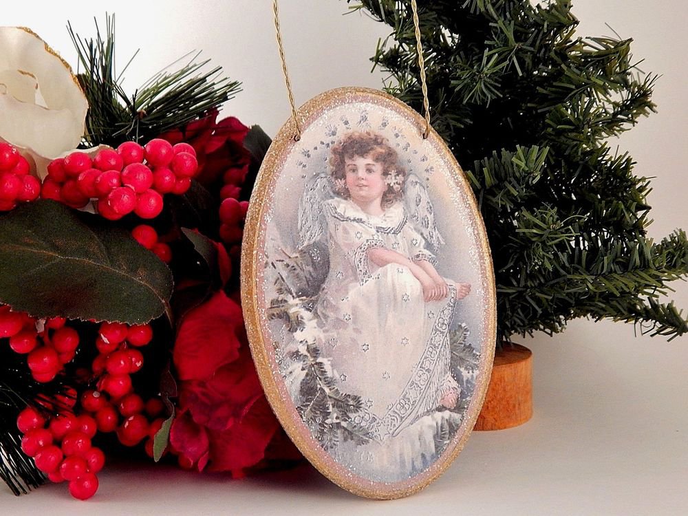 Victorian Angel Christmas Ornament Vintage Decoupage Oval Wood Wall Hanging