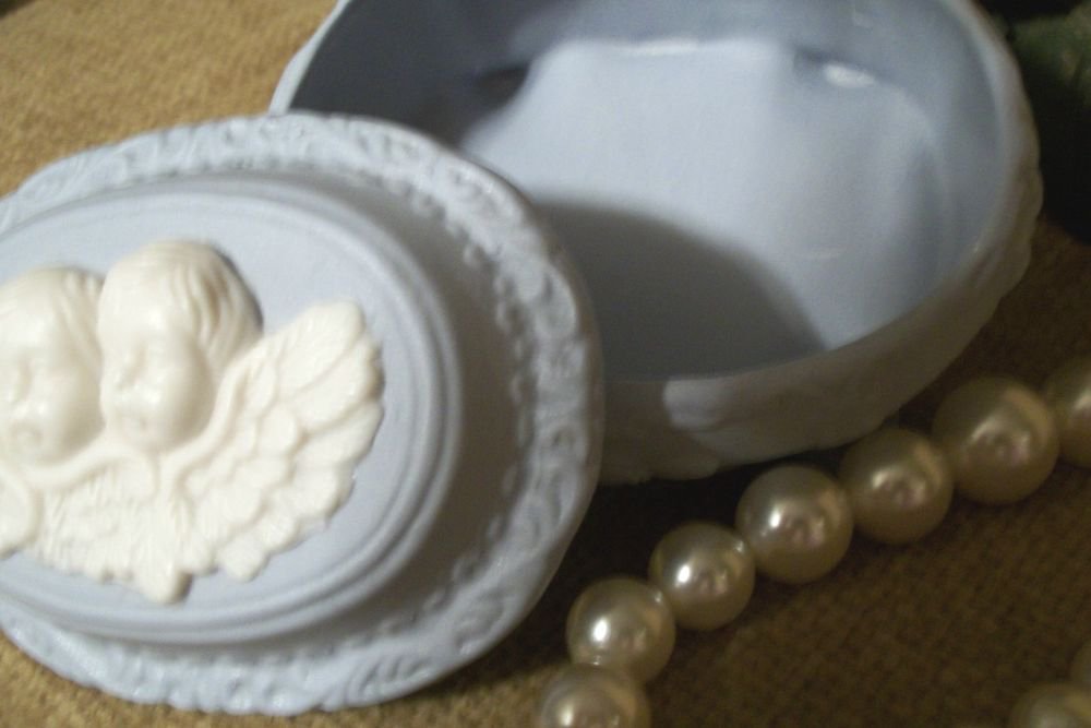 Blue Ceramic Bisque Angel Trinket Box VTG Covered Dish Keepsake Storage Cherubs