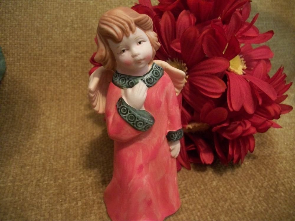 Porcelain Bisque Angel Figurine Vintage Collectible Blond Girl in Red Robe