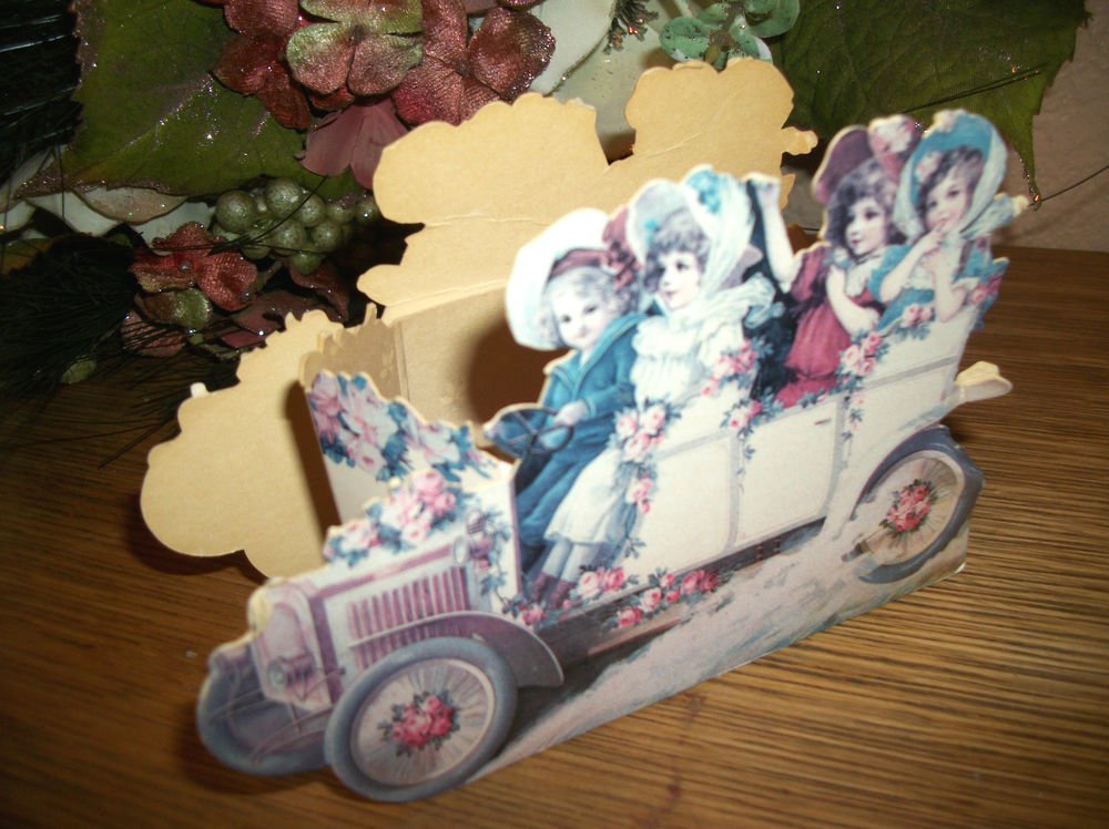 Victorian Die Cut Cardboard Basket Box Children Tour Car Parade Paper Ephemera