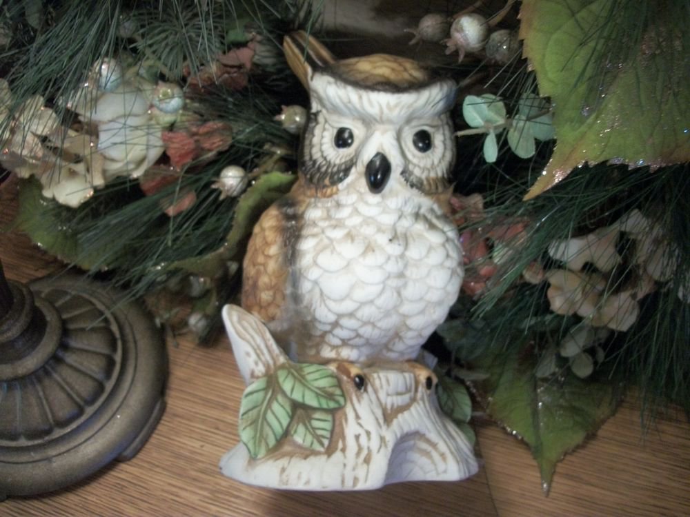 Owl Figurine Brown Beige White Bisque Ceramic Vintage Woodland Bird Home Decor