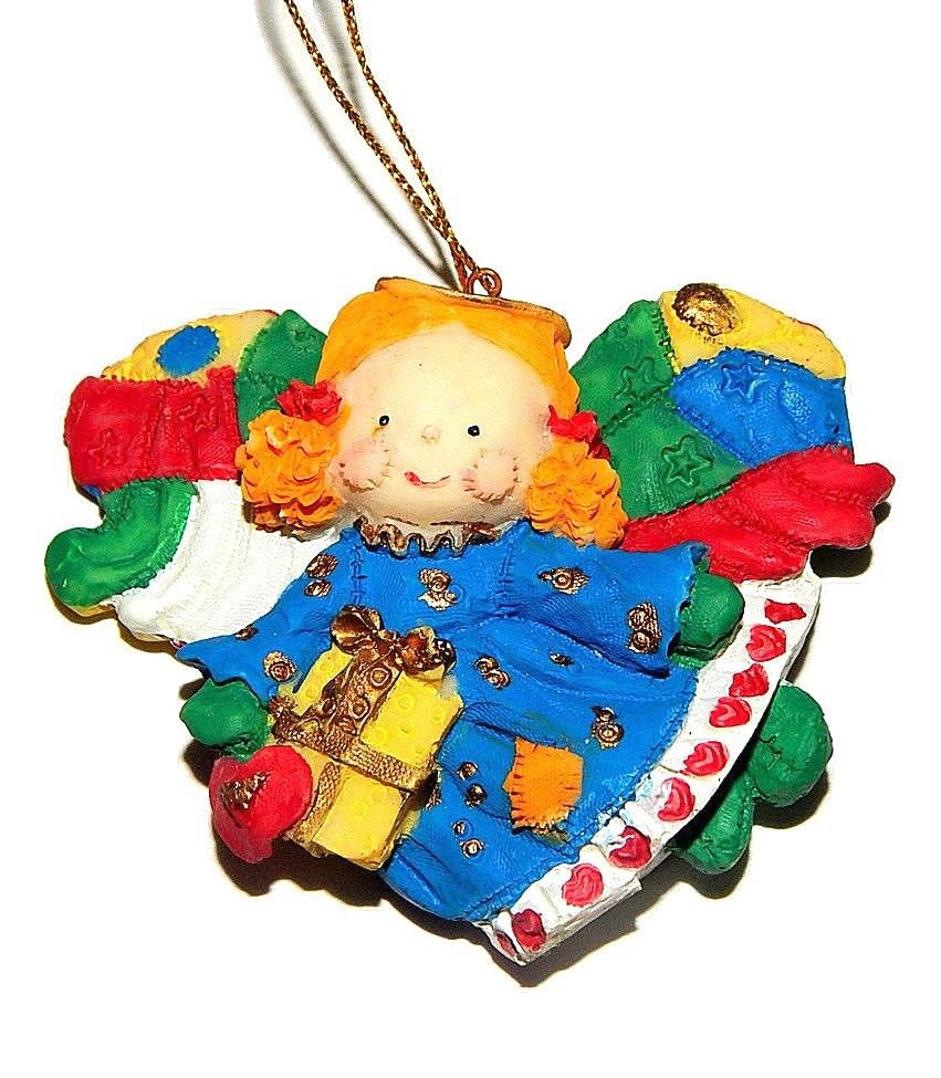 Angel Christmas Tree Ornament Vintage Patchwork Quilt Colorful Handpainted Resin