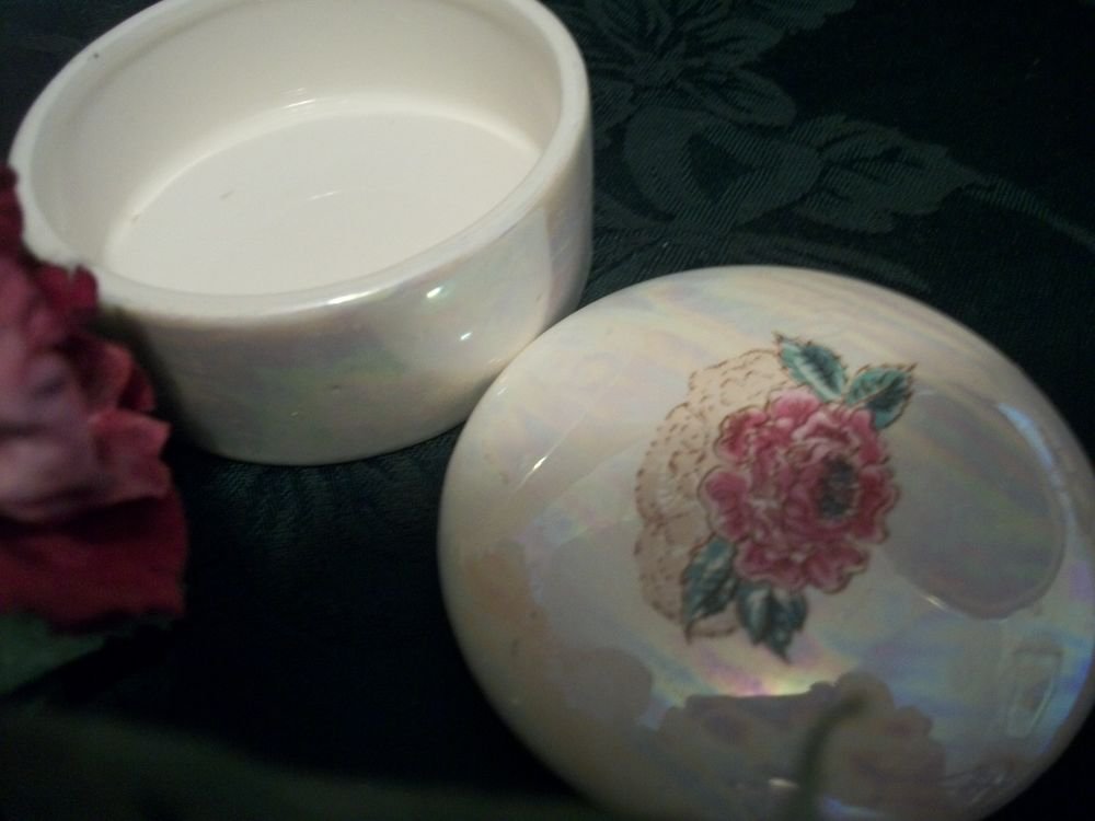 Floral Trinket Box VTG Ceramic Opalescent Ring Jewelry Storage Covered Dish