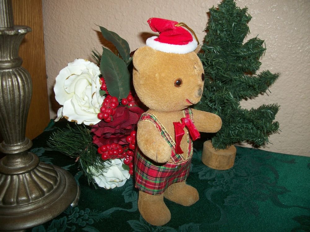 VTG Flocked Plastic Christmas Toy Brown Teddy Bear Wearing Santa Hat Retro Decor
