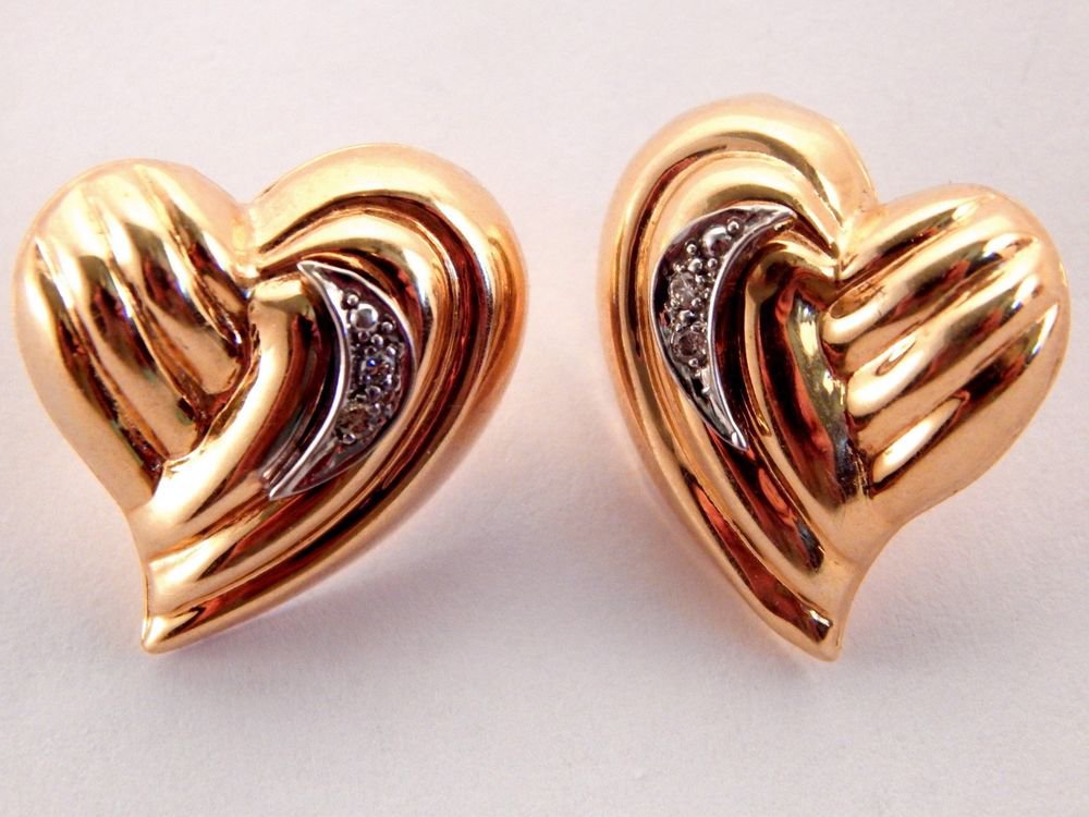 Genuine Diamond Free Form Heart Earrings 14k Yellow Gold Vintage Fine Jewelry