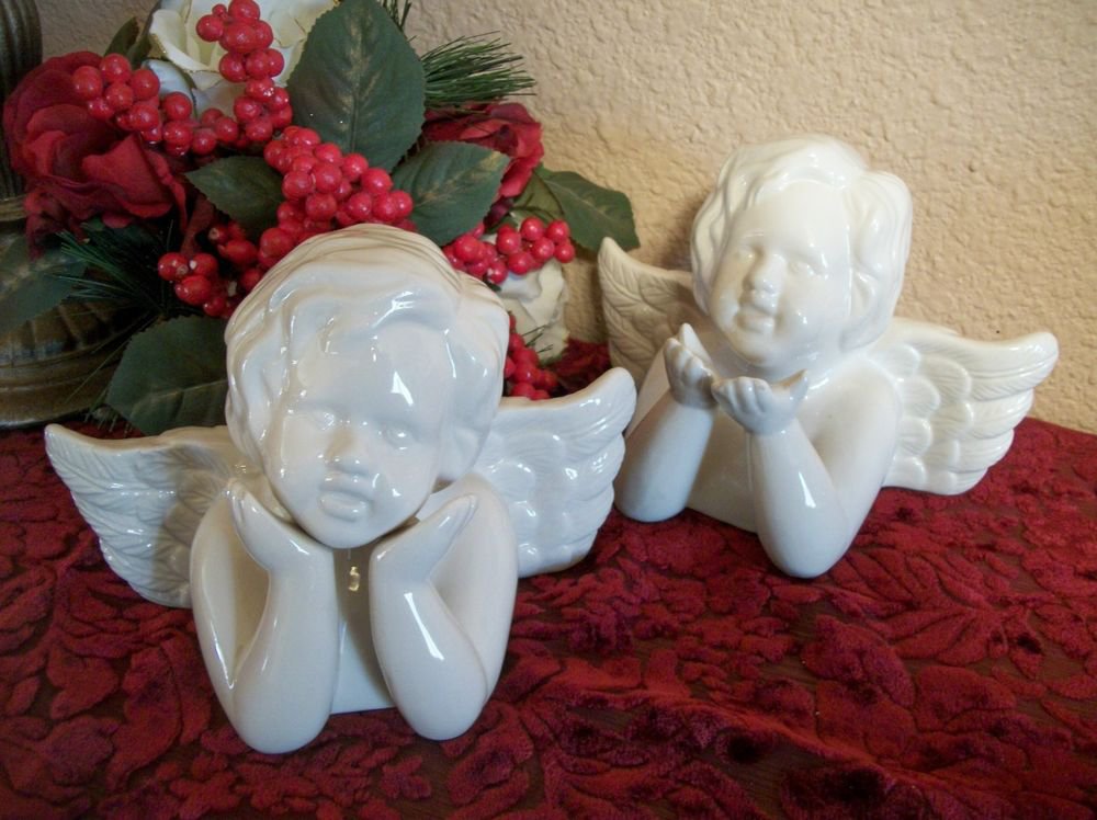 Angel Figurines Two Ceramic Cherubs VTG Victorian Cottage Valentine's Day Decor