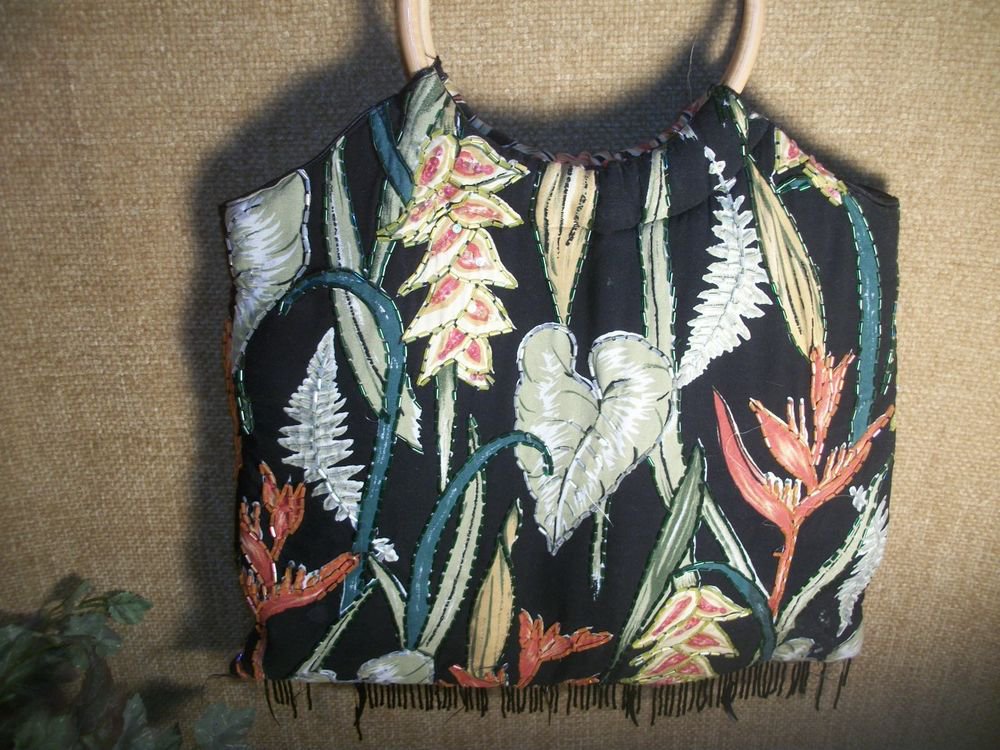 Boho Baik Baik Honolulu Vintage Beaded Tropical Print Rayon Handbag