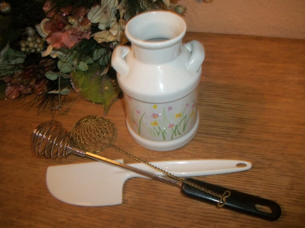 VTG Ceramic Kitchen Tools Jar White Ceramic Milk Can Caddy Pink Yellow Flowers
