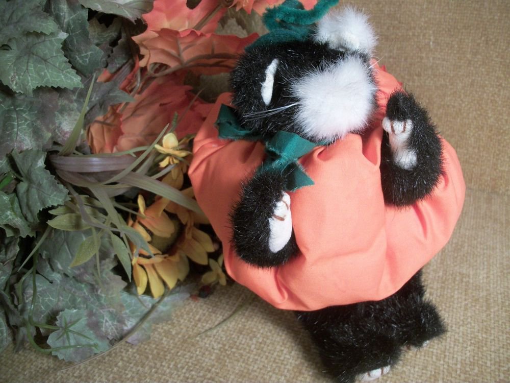 Black Cat Plush Stuffed Animal Pumpkin Costume Hand Crafted Halloween Decor