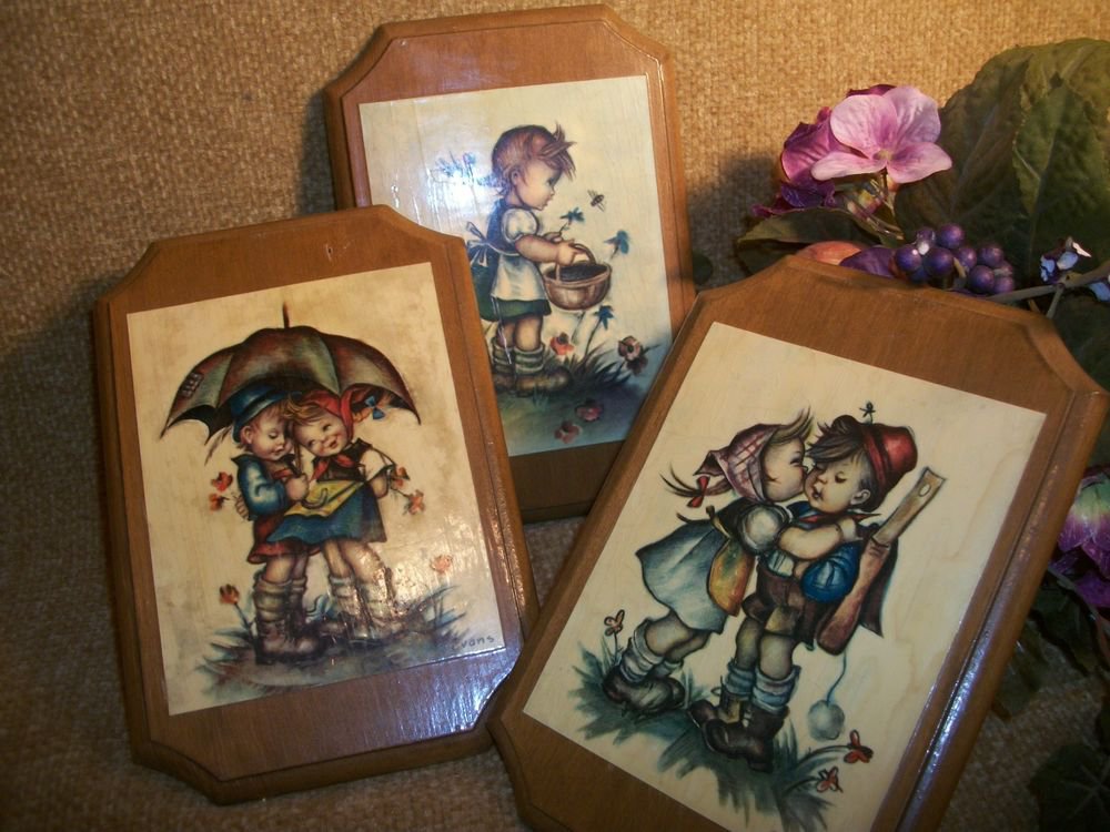 Artist Evans VTG Wall Hanging Plaques in Hummel Style German Children Boy Girl