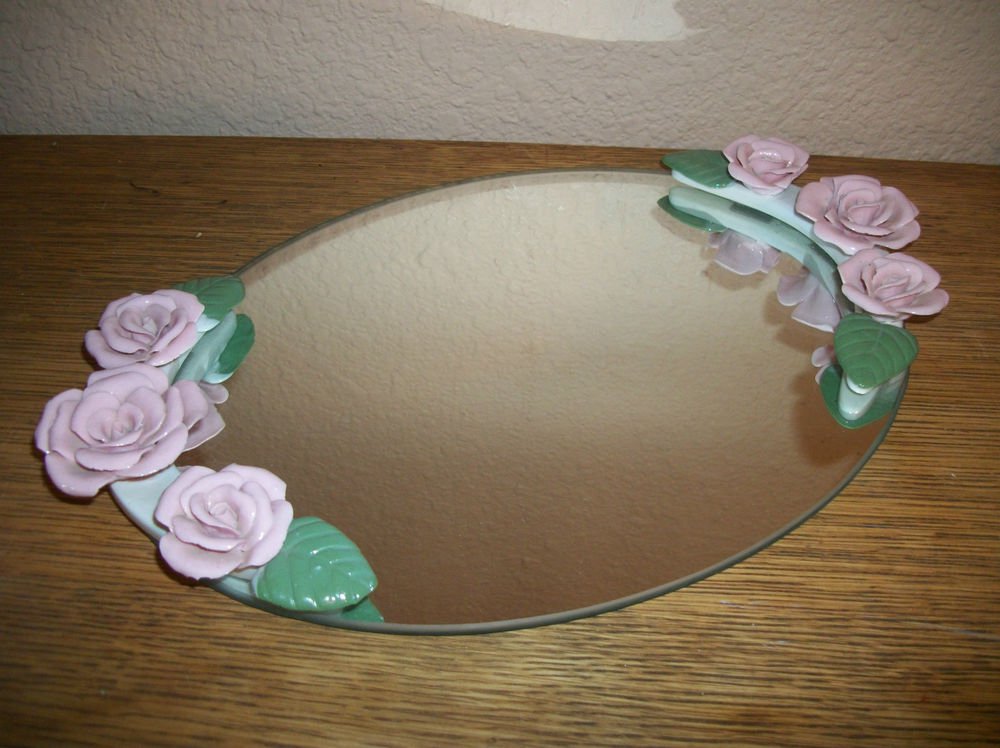 Vanity Table Tray Oval Mirror VTG 1960s Pink Resin Roses Cottage Chic Home Decor