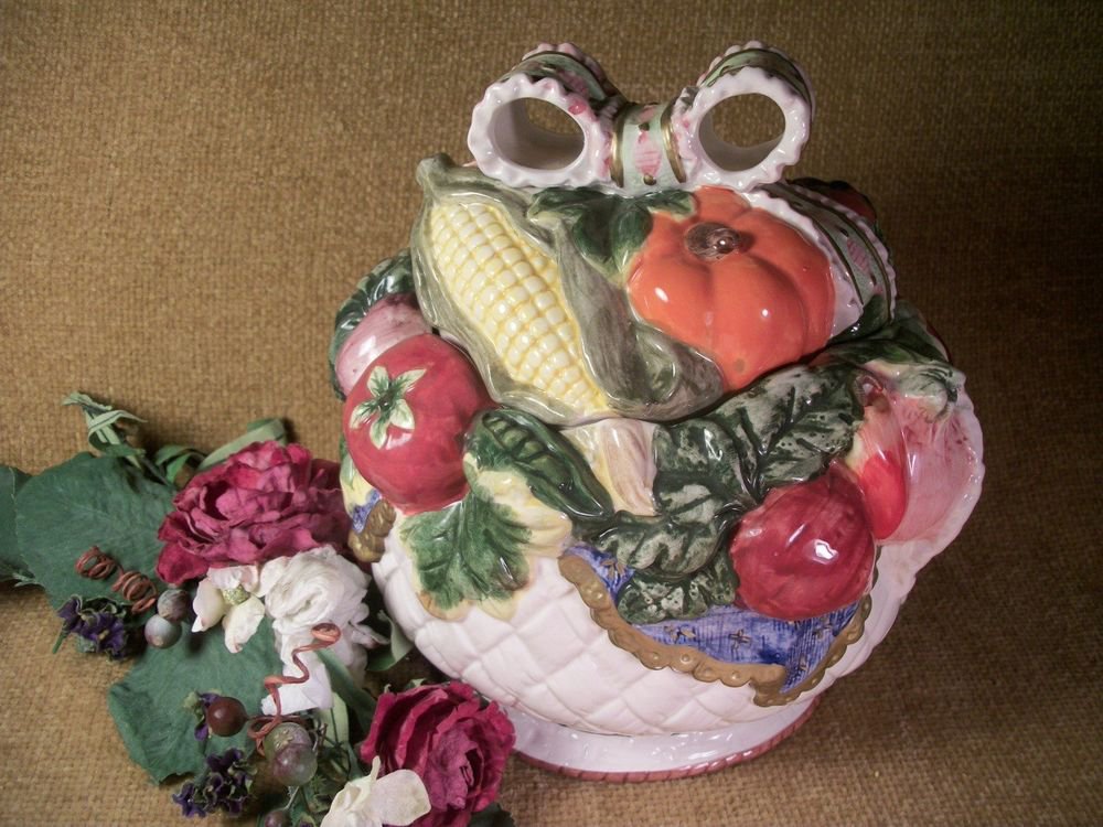 Cookie Jar or Soup Tureen White Basket Garden Vegetables Ornate Vintage Ceramic
