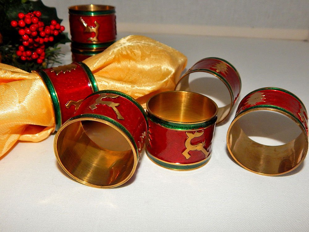 Brass Napkin Rings Red & Green Enamel Reindeer Christmas Tree Vintage Tableware