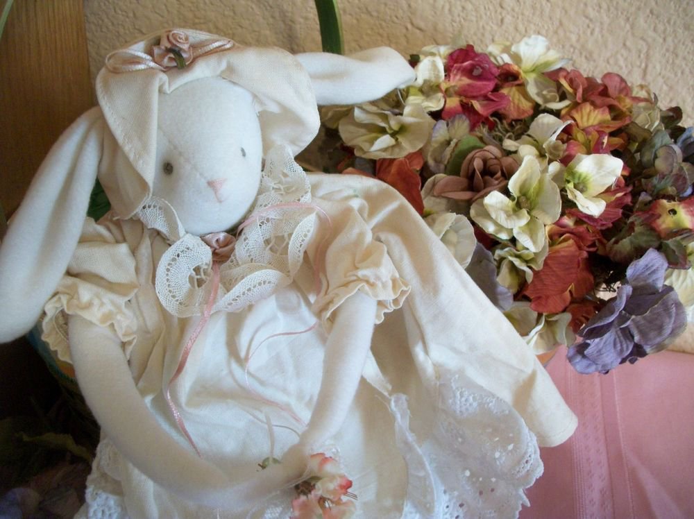 Rabbit Doll Beige White Bunny Cottage Chic Home Decor Long Legged Soft Sculpture