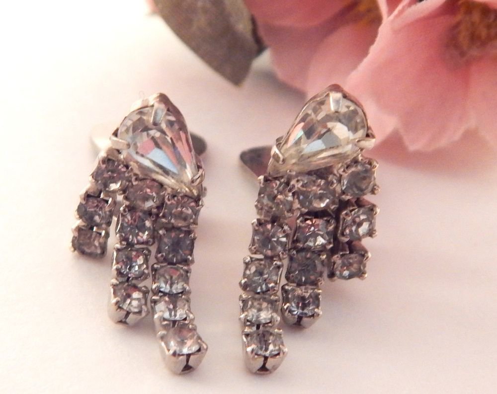 Rhinestone Earrings Dangle Clip On Dropdown Silver Metal Vintage Costume Jewelry