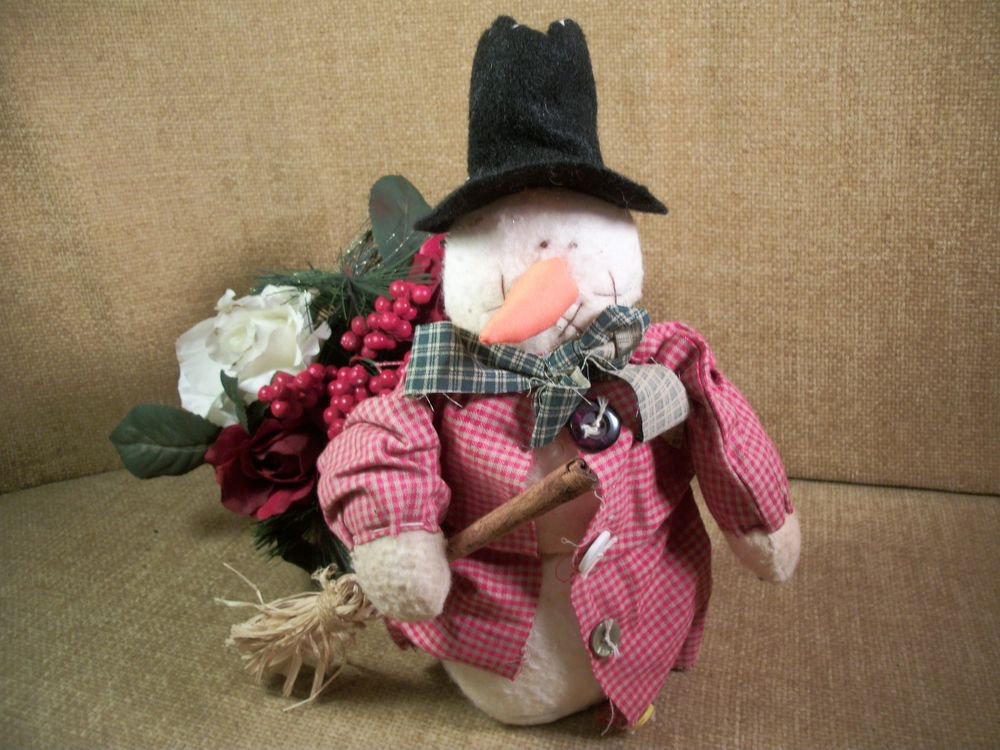 Rustic Fleece Snowman Doll Soft Sculpture Handmade Folk Art Christmas Decoration