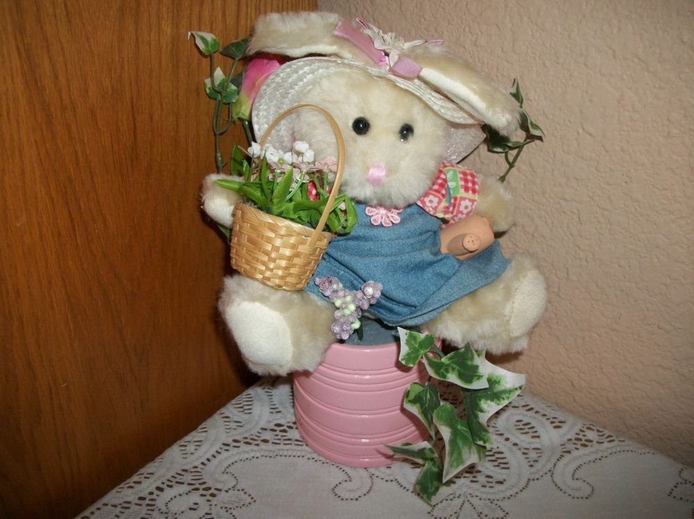 White Bunny Rabbit Floral Centerpiece Spring Garden Stuffed Animal Home Decor