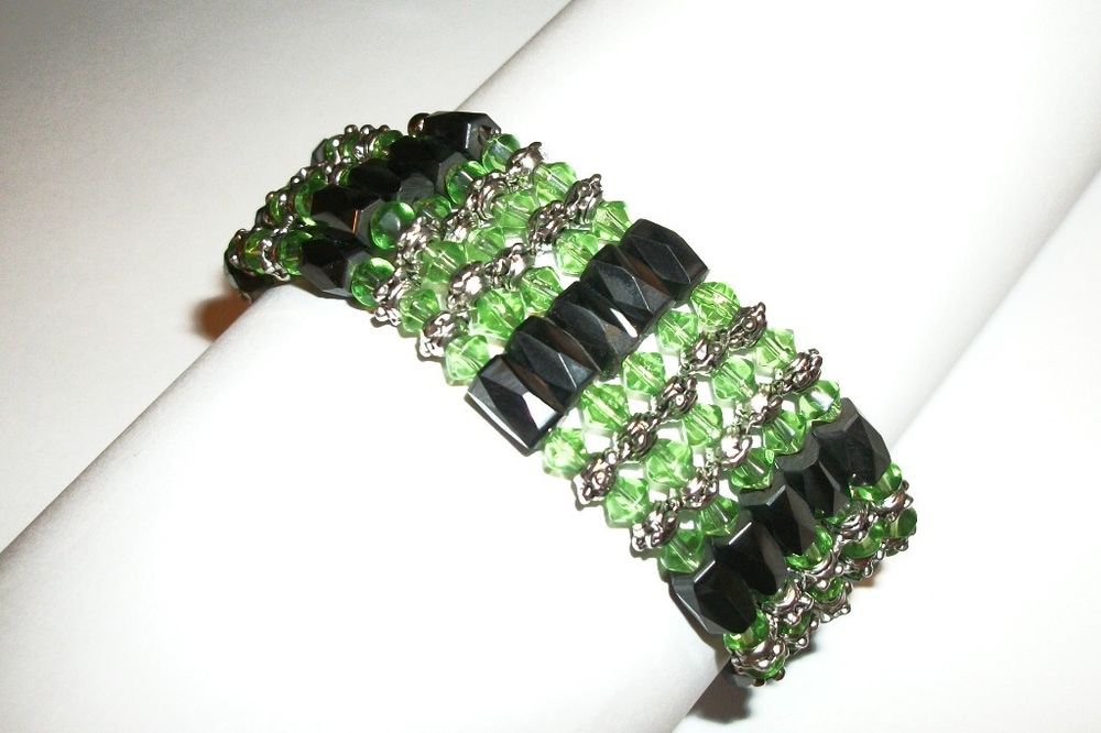 Magnetic Hematite Strand Necklace or Wrap Bracelet Green and Silver Metal Beads