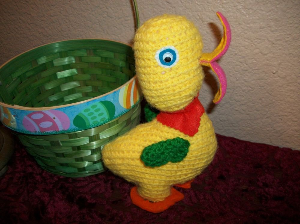 Yellow Duck Stuffed Animal Toy Vintage Handcrafted Crochet Kitsch Decoration
