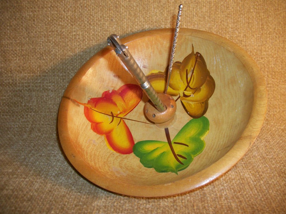 Nut Bowl VTG 1940's Wood Handpainted Fall Leaves Metal Nutcracker Tools