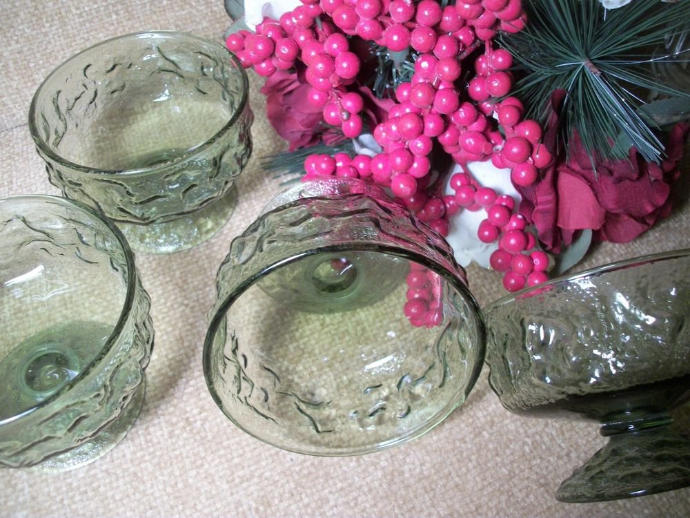 Anchor Hocking VTG 1960's Olive Green Glass Lido Milano Dessert Dishes Bowls