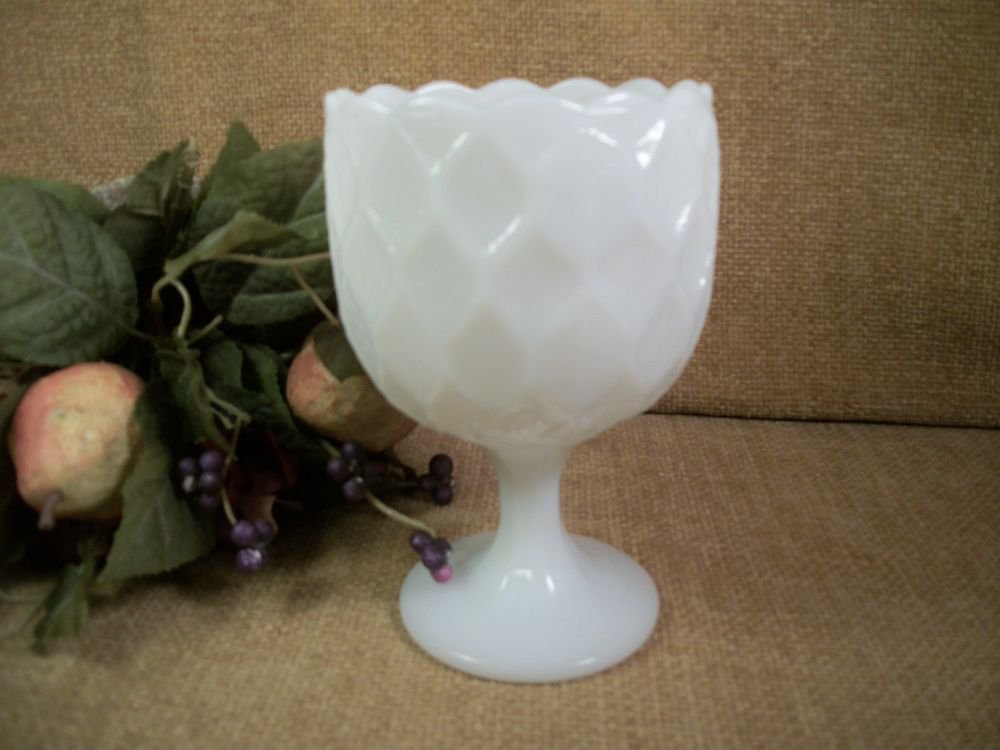 Milk Glass Compote Dish VTG White Diamond Quilt Octagon Pedestal Bowl