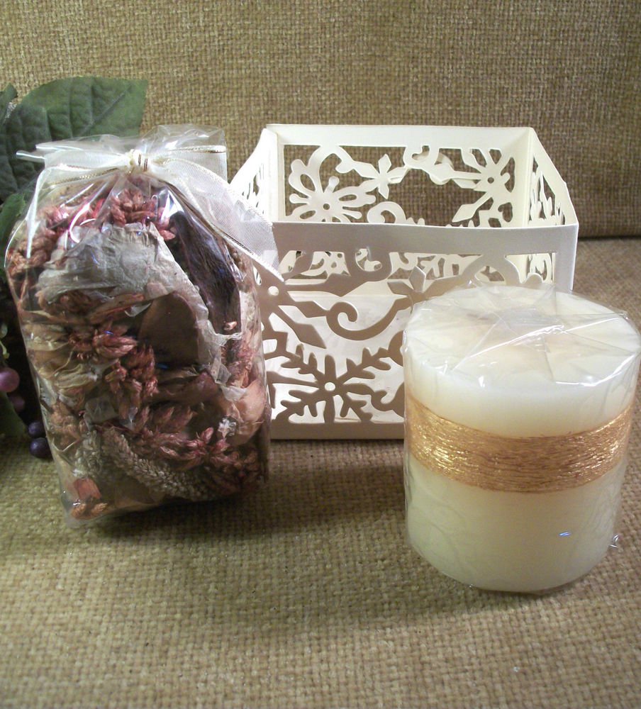 Candle Gift Set Avon Vanilla Spice Scent Pillar w/ Potpourri & Holder Home Decor