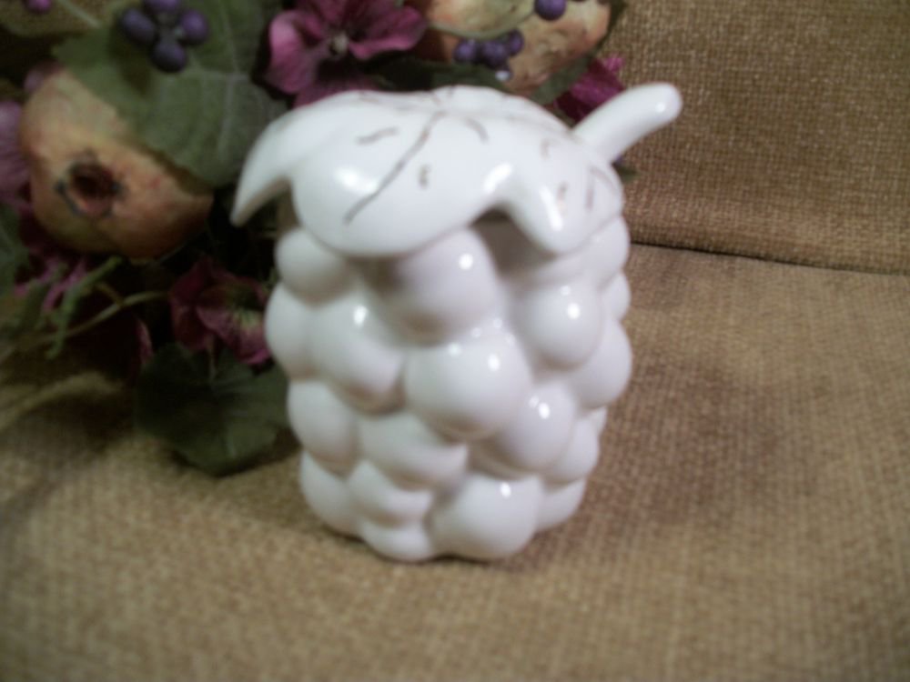Ceramic Jam Server Grape Motif Gold Trim Covered Jelly Dish with Spoon VTG 1960s