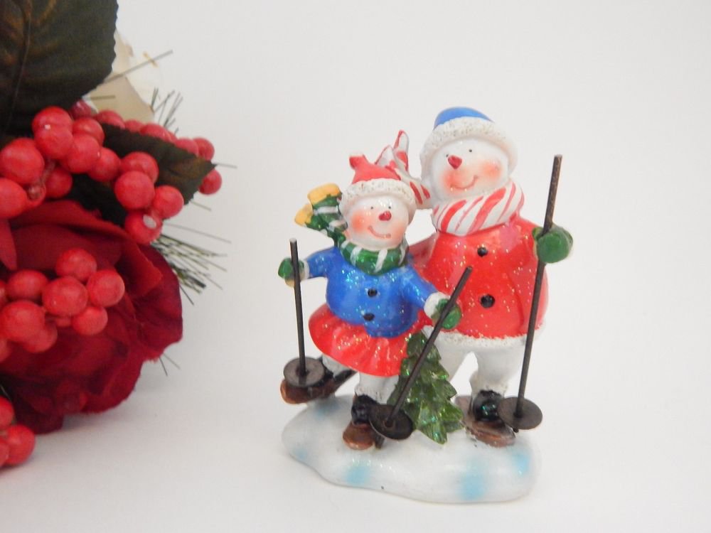Snowman Couple Skiing Figurine Red White Blue Resin Winter Christmas Decoration
