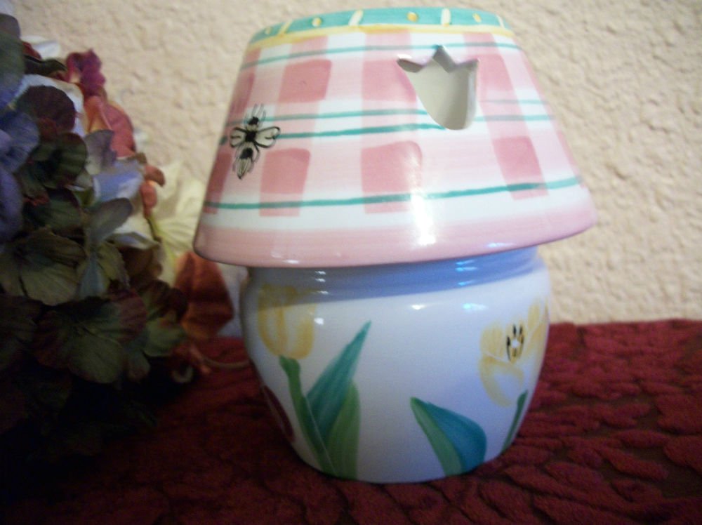 Candle Holder Ceramic Votive Jar and Shade Spring Flowers Pink Yellow Butterfly
