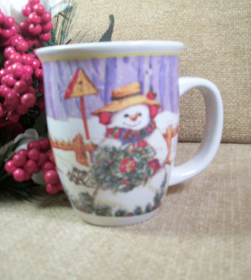 Christmas Coffee Mug Snowman Wreath and Bird House Ceramic Beverage Cup