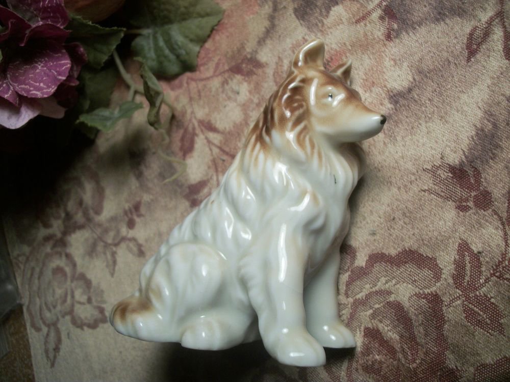 Collie Dog Canine Animal Brown White Porcelain Figurine VTG Made in Japan