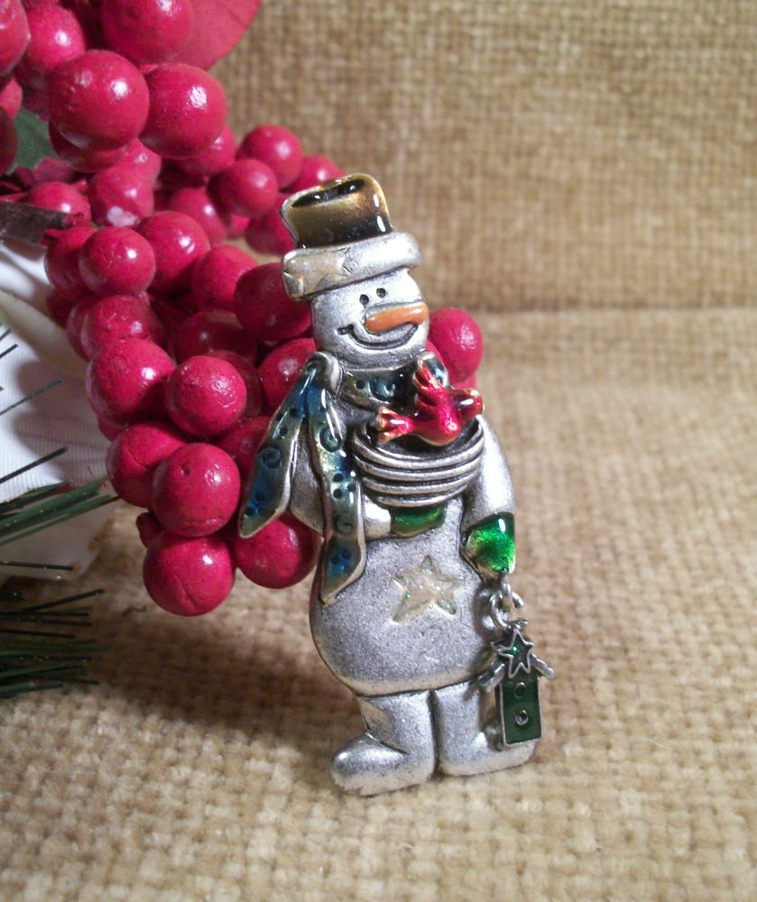 Snowman Christmas Pin Vintage TC Signed Jewelry Bird House Nest Pewter Brooch