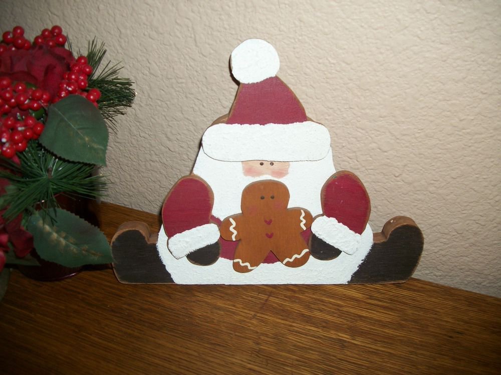 Rustic Wood Santa Claus and Gingerbread Shelf Sitter VTG Hand Crafted Christmas