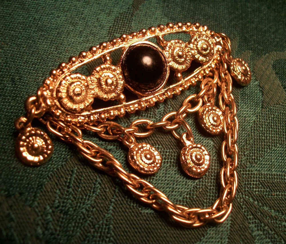 Chatelaine Chain Brooch Brown Cabochon Jewelry Gold Metal Medallion Vintage Pin