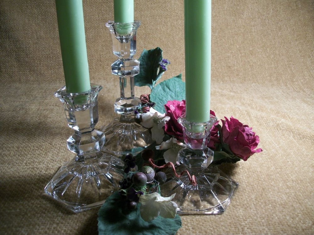 Cyrstal Candle Sticks 3 Clear Cut Glass Taper Candle Holders Fine VTG Home Decor