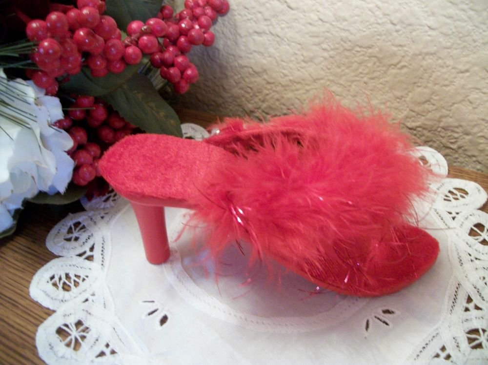 Red Velvet Marabou Slipper Miniature High Heeled Peep Shoe Boudoir Decor