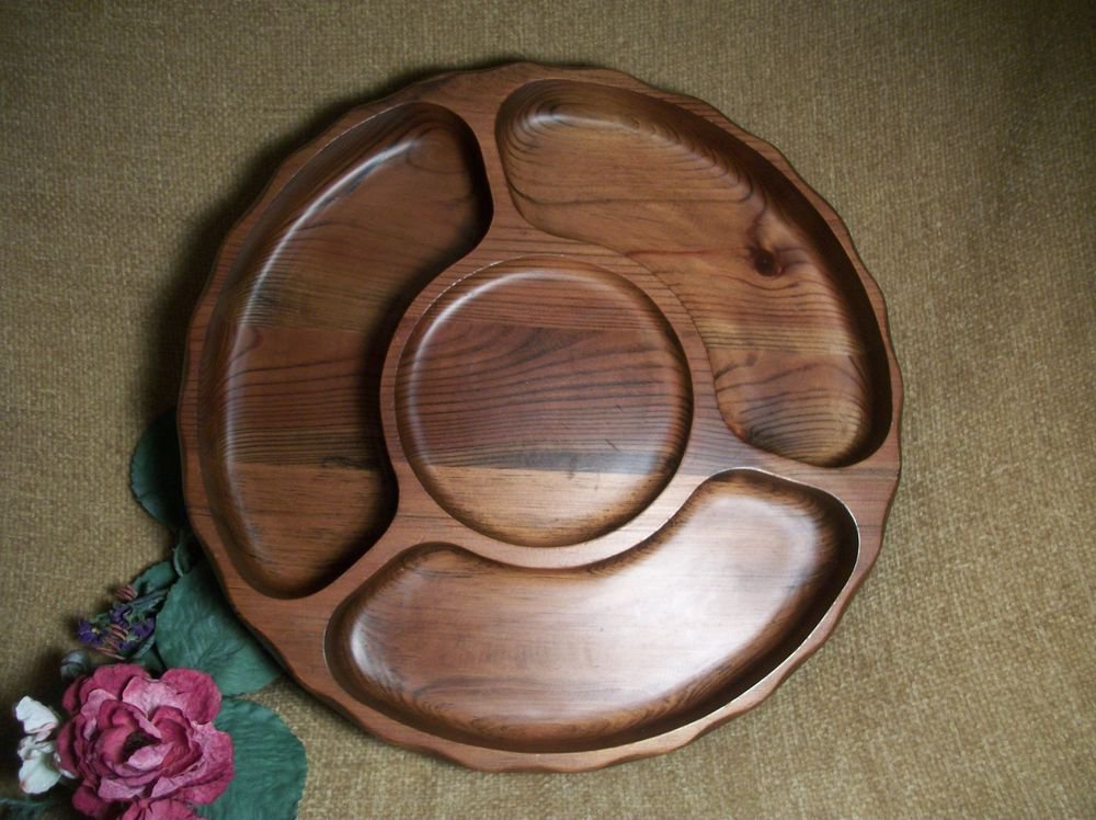 Lazy Susan Sectional Serving Tray Cake Pla Black Walnut Wood Hors d'oeuvres Dish