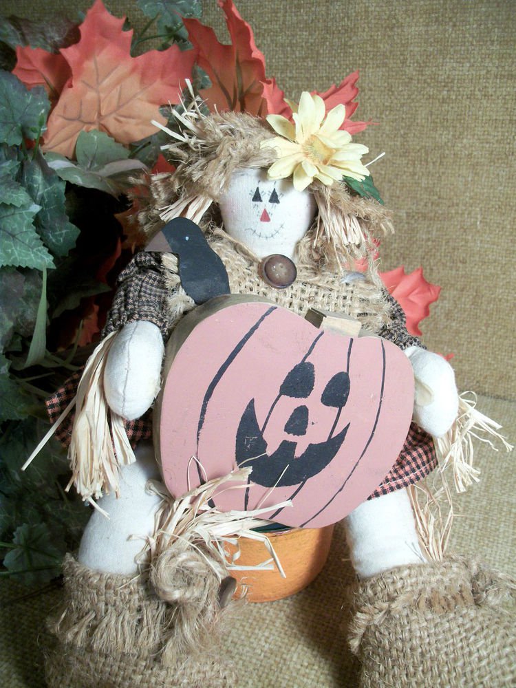 Halloween Doll Scarecrow Girl Jack O' Lantern Pumpkin Fall Decor Muslin Burlap