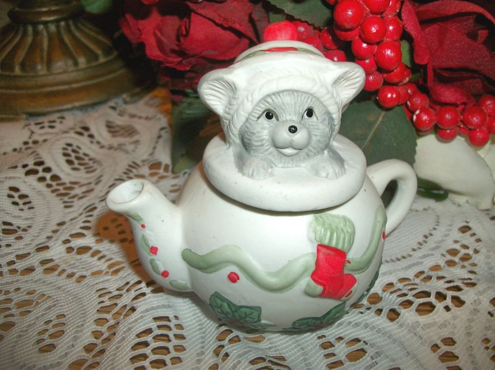 Grey Kitten in Tea Pot Christmas Figurine Hand Painted Ceramic Bisque Cat Kettle