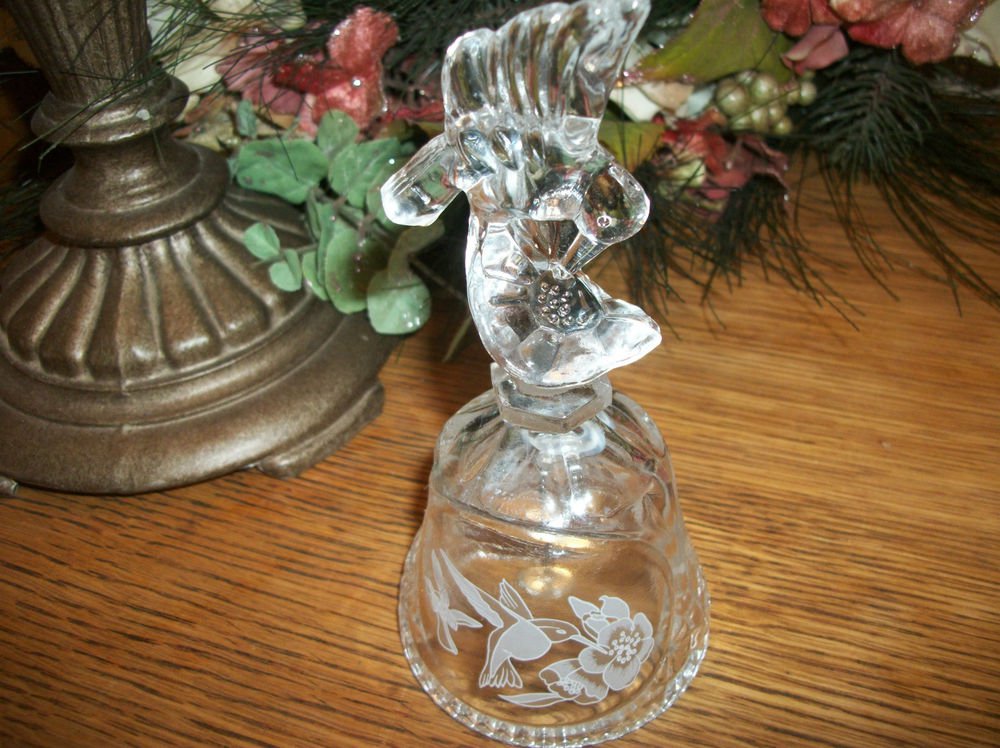VTG Clear Pressed Glass Bell Hummingbird and Flowers Collectible Home Decor Gift
