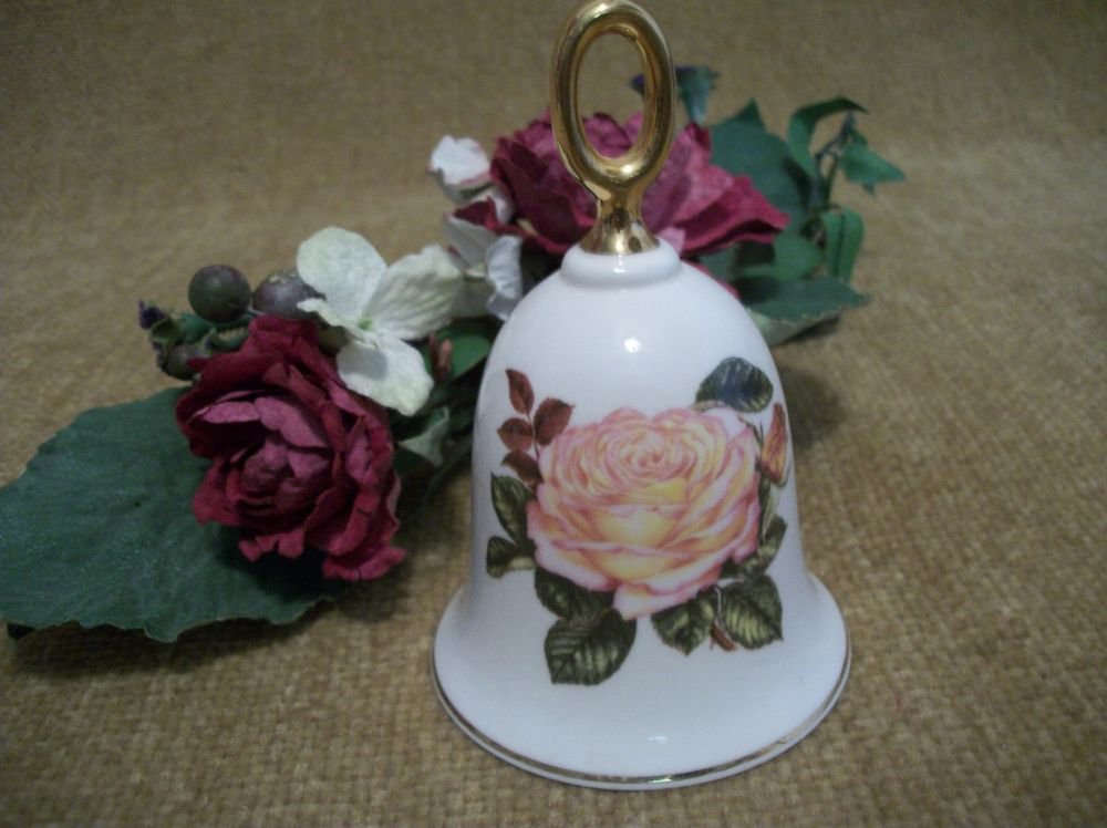 Vintage Danbury Mint American Rose Bell Peace Rose Fine Bone China 22k Gold Gilt