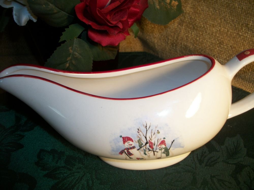 Royal Seasons Stoneware Snowman Gravy Boat Sauce Dish White Red VTG Tableware