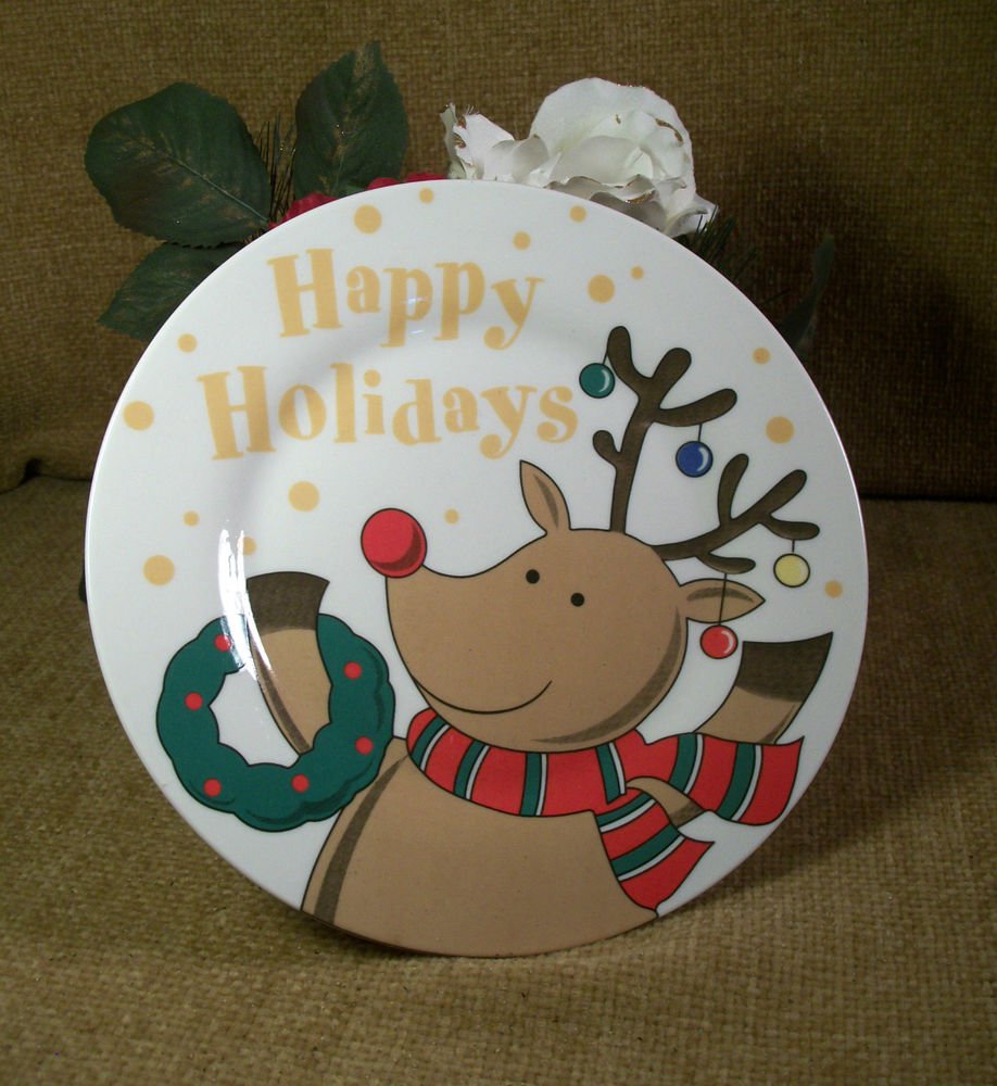Rudolph Reindeer Happy Holidays Ceramic Plate Christmas Tableware Snack Dish