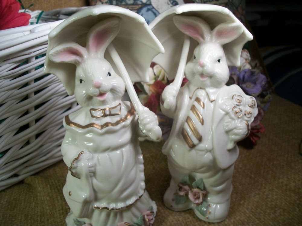 Porcelain Figurines Bunny Rabbit He She Courting Bunnies Vintage Home Decor